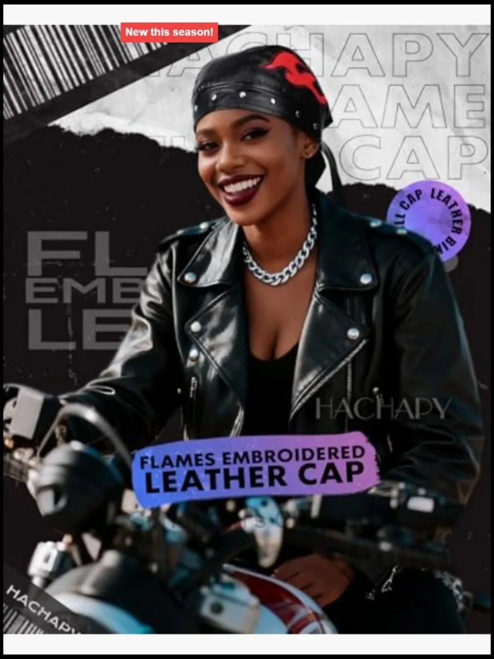 Faux Leather Biker Cap with Embroidery - Adjustable Strap Motorcycle Beanie